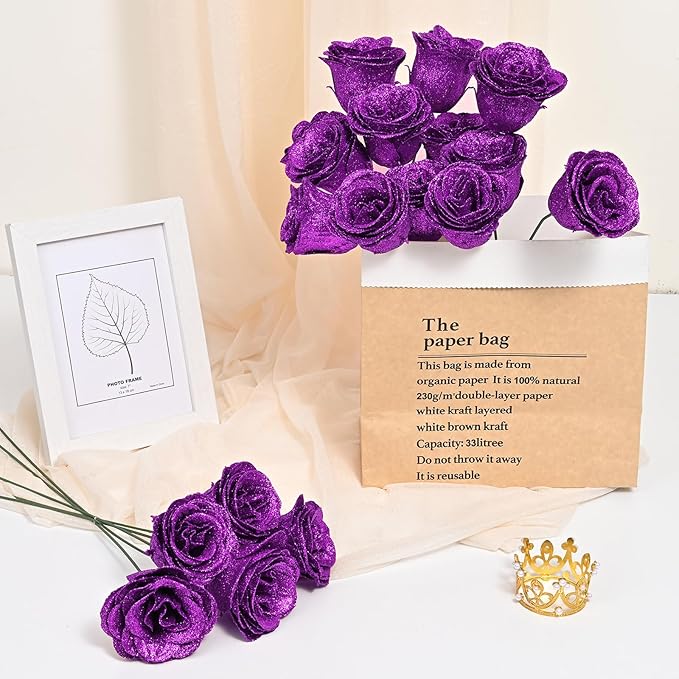 Waipfaru 36 Pcs Glitter Roses Bouquet, DIY Fake Flowers Bouquet, Artificial Purple Rose Bouquet for Valentines, Mothers Day Gifts, Anniversary, Engagement, Wedding