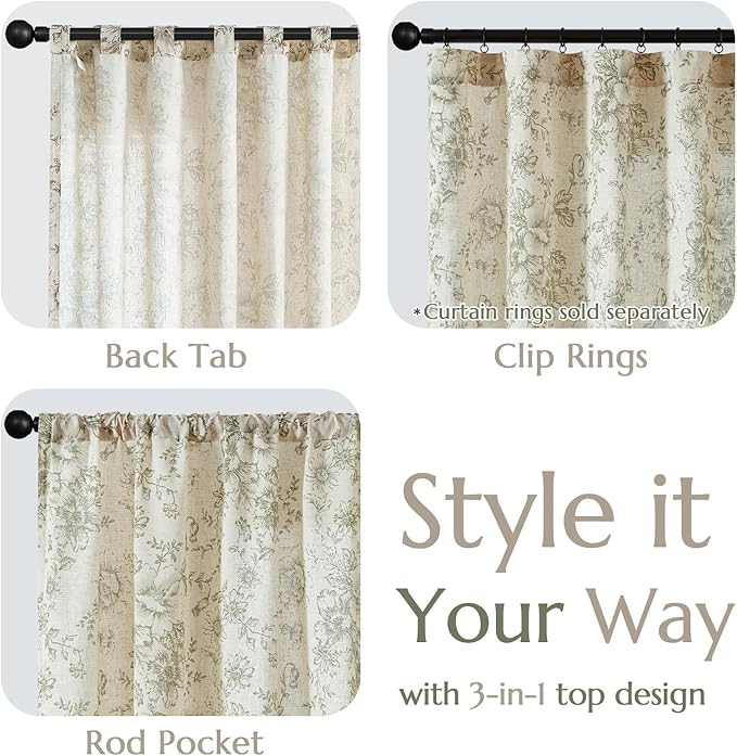 jinachan Linen Blend Floral Curtains for Living Room 84 Inch Length Christmas Sage Green Printed Curtain Rod Pocket Back Tab Farmhouse Peony Flower Patterned Drapes Bedroom Curtains Set 2 Panels