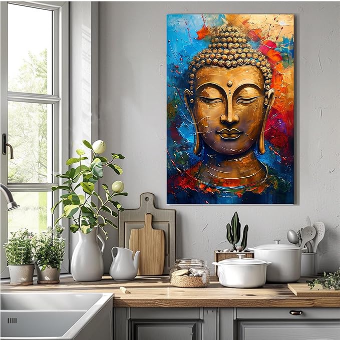 Golden Serenity Buddha Vintage Painting Wall Art Spirituality and Modern Art Wall Decor Adds Brilliance to Vibrant Home Decor 28x40in Frameless