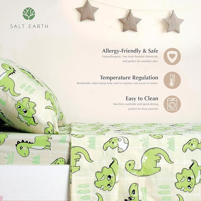 Salt Earth 100% Cotton 210TC Kids Bedsheet, Twin Sheets Set for Toddler Bed, 3 Piece Bedding Set Including Flat Sheet, Fitted Sheet, and Pillowcase, Themed Cute Sheets for a Playful Kids Bed (Dino)