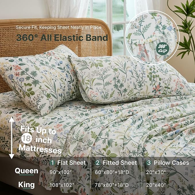 100% Cotton Sheet Set King Size – 4-Piece Vintage Green Garden Floral Bedding Set, Soft Breathable Percale Weave, Deep Pocket Fitted Sheet 17.5", Crisp Cool Feel, Refined Botanical Elegance