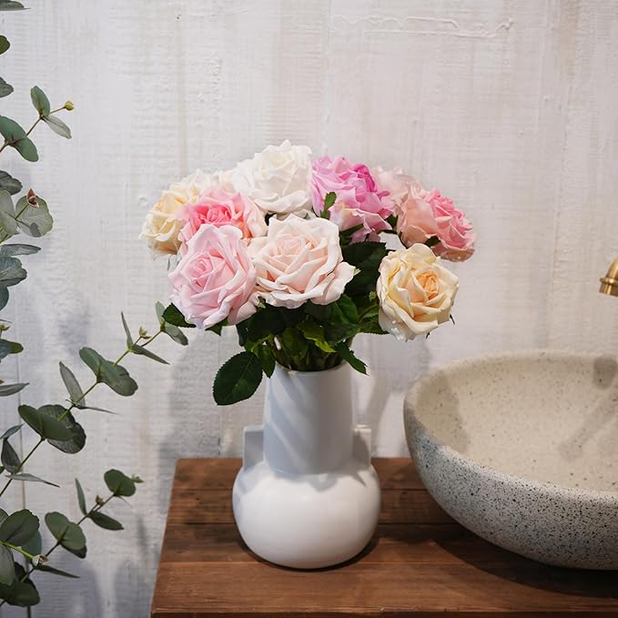 6 Pcs Silk Real Touch Latex Roses, Artificial Single Stem Big Bloom Faux Roses for Home Party Office Wedding Indoor Decor, Floral Arrangements, Table Centerpieces