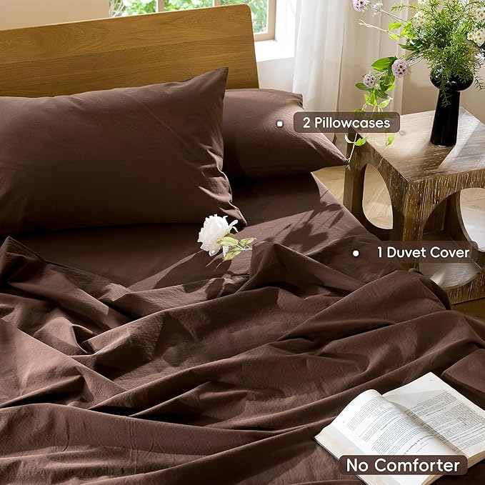 MooMee Bedding Duvet Cover Set 100% Washed Cotton Linen Like Textured Breathable Durable Soft Comfy (Solid Cocoa Brown, Cal King 104"x98")
