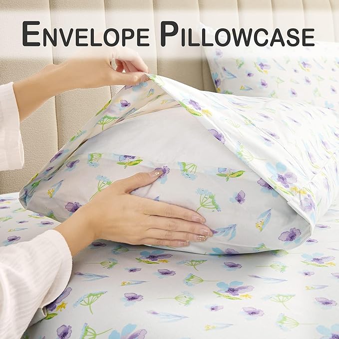 Softan Floral Full Sheet Set Blue Purple Flower Printed Bed Sheets, Soft Microfiber Patterned Fitted Sheets Full with 15" Deep Pocket & Non-Slip Straps, Summer Cooling Sheets & Pillowcase Set