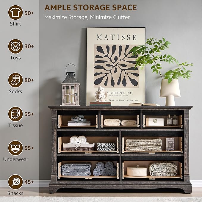 T4TREAM Farmhouse 7 Drawers Dresser for Bedroom, 54" Wide Wood Rustic Chest of Drawers w/Roman Column, Wooden Storage Dressers Organizer for Bedroom, Living Room, Closet, Dark Rustic Oak