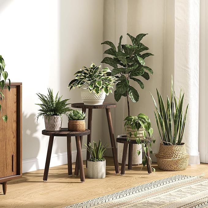 Uneedem Plant Stand Indoor - 3-Pack Taller Single Wood Plant Stand for 6-12 Inch Pots, Mid-Century Modern Plants Stool for Large Plants, Small Round Wooden Planter Table for Living Room, Balcony