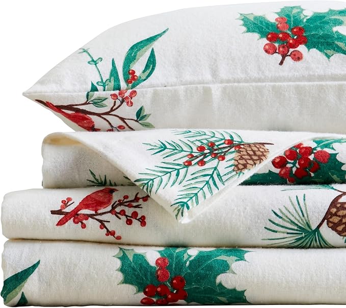Market & Place 100% Cotton King Flannel Sheet Set | 4 Piece Deep Pocket Novelty Cozy Winter Bed Sheets | Double Brushed for Extra Softness & Comfort | Alpine Collection (King, Cardinal & Pine)