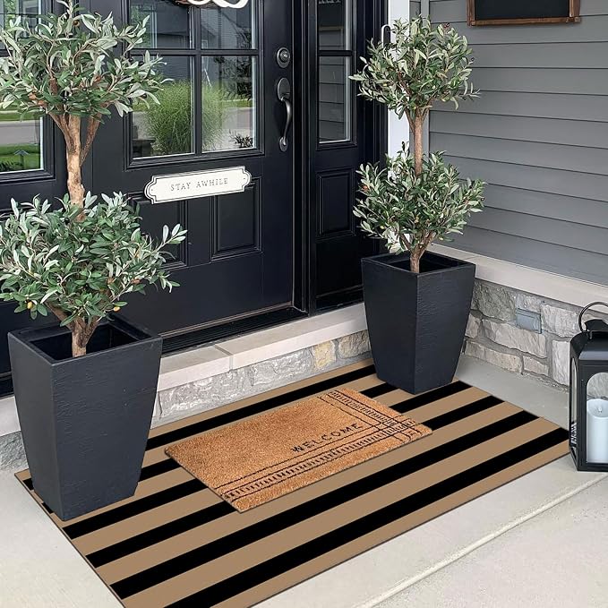 Front Door Mat Indoor Entrance - 2x4.3 Ft Black Tan Striped Washable Doormat Outdoor Entrance Porch Rug Non-Slip Layered Runner Rug for Kitchen Hallway Bedroom Laundry Room Porch Decor