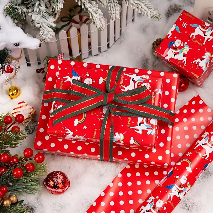 MAYPLUSS Christmas Wrapping Paper Roll - 17 Inch X 33 Feet - Reversible Fairytale Christmas Red Unicorn, Santa Claus, Rainbow, Polka Dot Design Holiday Winter Gift Wrap for Wedding, Party,Celebration