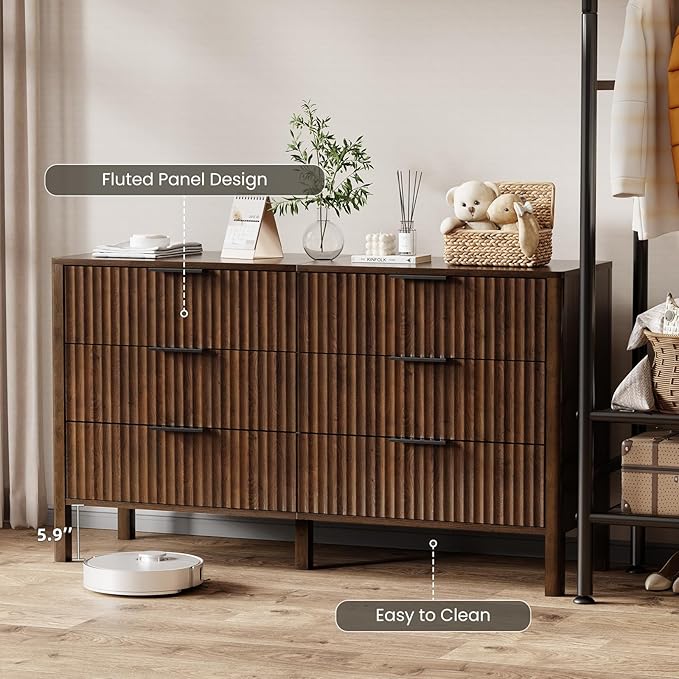 55" Wide Fluted 6 Drawer Dresser for Bedroom, Wooden Dresser Modern Chest of Drawers TV Stand Dressers with Organizer Storage for Bedroom, Living Room, Entryway, Hallway, Walnut
