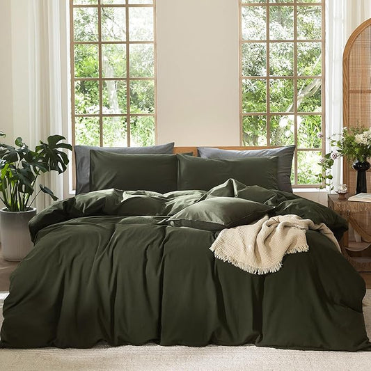MooMee Bedding Duvet Cover Set 100% Washed Cotton Linen Like Textured Breathable Durable Soft Comfy (Solid Olive Green, Super Queen 90"x98")