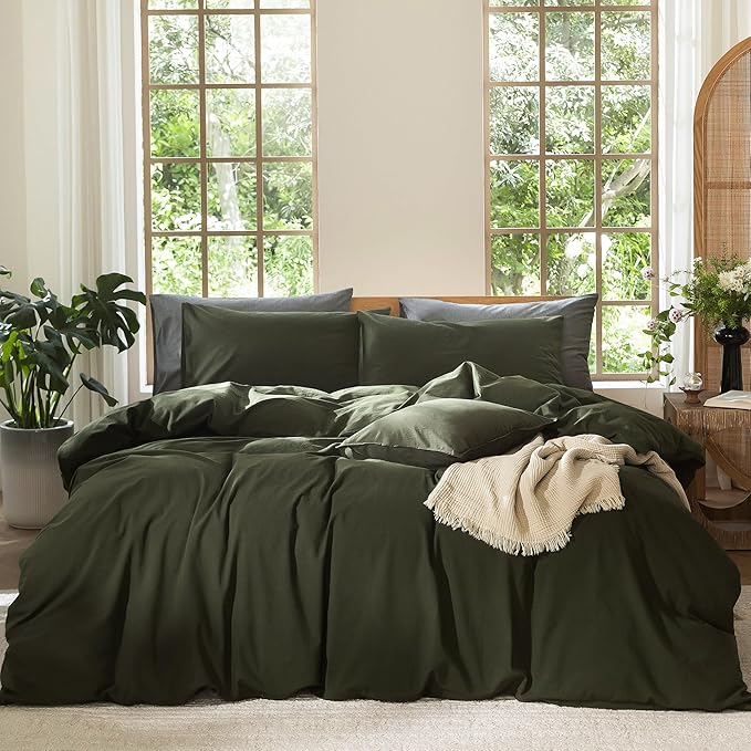 MooMee Bedding Duvet Cover Set 100% Washed Cotton Linen Like Textured Breathable Durable Soft Comfy (Solid Olive Green, Twin 68"x90")