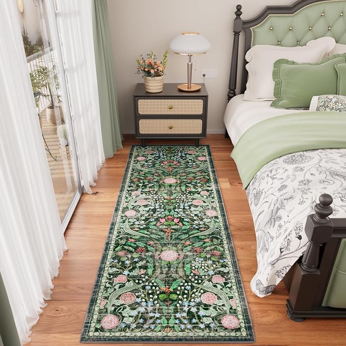 AMTOVO 2x6 Runner Rug for Hallway, Washable Non-Slip Long Kitchen Carpet, Floral Vintage Distressed Floor Mat for Hallways Entryway Living Room Laundry Room Bathroom Farmhouse, Dark Green