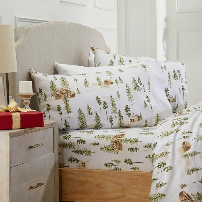 Market & Place 100% Cotton Twin Flannel Sheet Set | 3 Piece Deep Pocket Novelty Cozy Winter Bed Sheets | Double Brushed for Extra Softness & Comfort | Alpine Collection (Twin, Watercolor Forest)