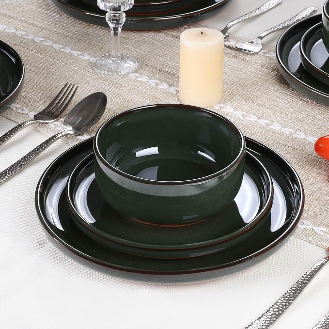 E-far Stoneware Dinnerware Sets for 2, 6 Pieces Reactive Glaze Plates and Bowls Sets, Elegant Dishes with Rustic Terracotta Base, Dishwasher & Microwave Safe, Scratch Resistant, Blackish Green