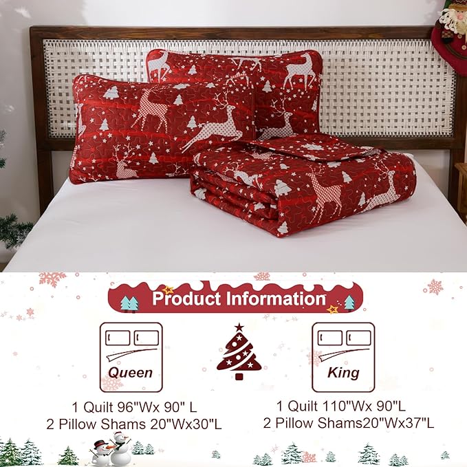 Dinjoy Christmas Quilt King Size with 2 Pillow Shams, Lightweight Bedspread Holiday Red Soft Coverlet Reindeer Pattern Bedspread for All Seasons Bed Cover Home Decor