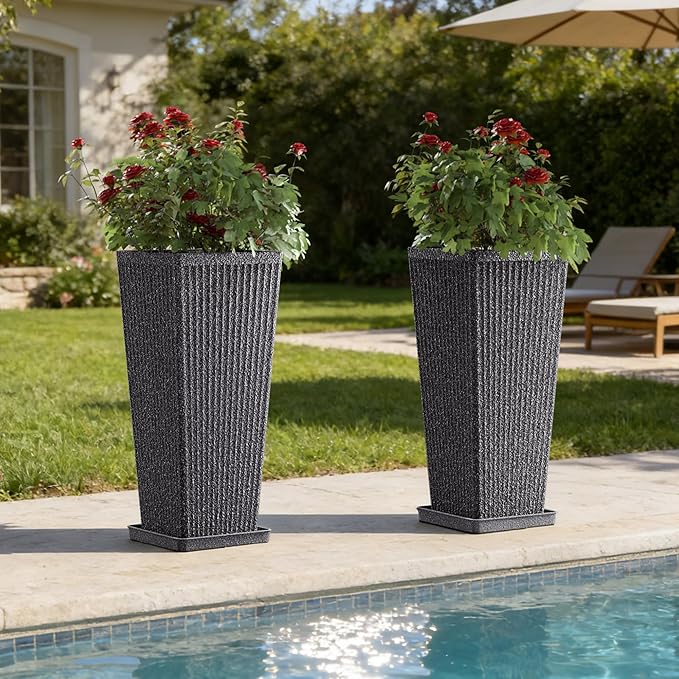 Square Tall Planters for Outdoor Plants Set of 2-23.6" Heavy-Duty Classic Tapered Indoor Flower Pots with Drainage Holes/Partition/Tray, Large Outdoor Planters for Porch Patio Garden, Grey