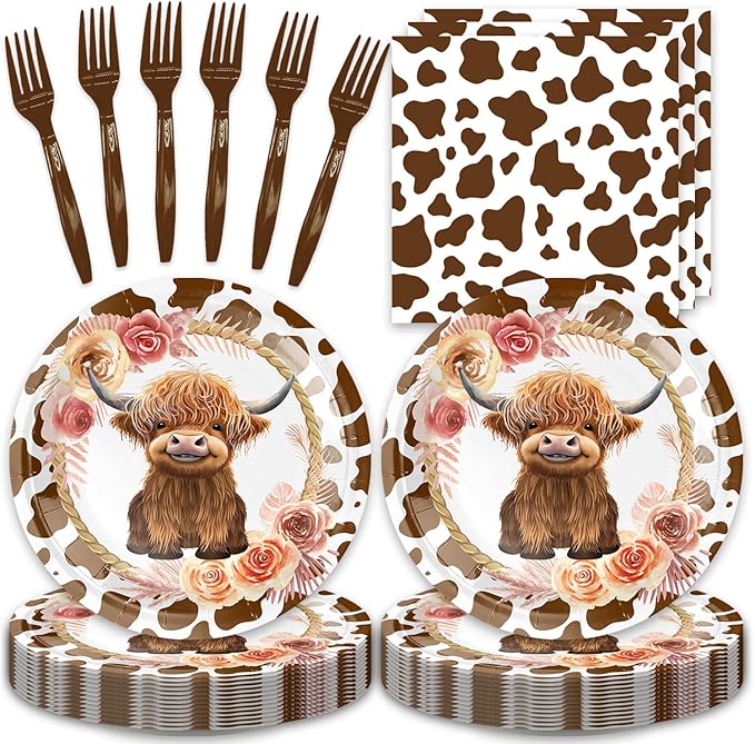 48pcs Highland Cow Party Decoration Set,16 Dessert plate,16 Napkin And 16 Fork,16 persons Highland Cow Baby Shower Disposable tableware,Used Holy Cow Baby Boy Birthday Party Supplies