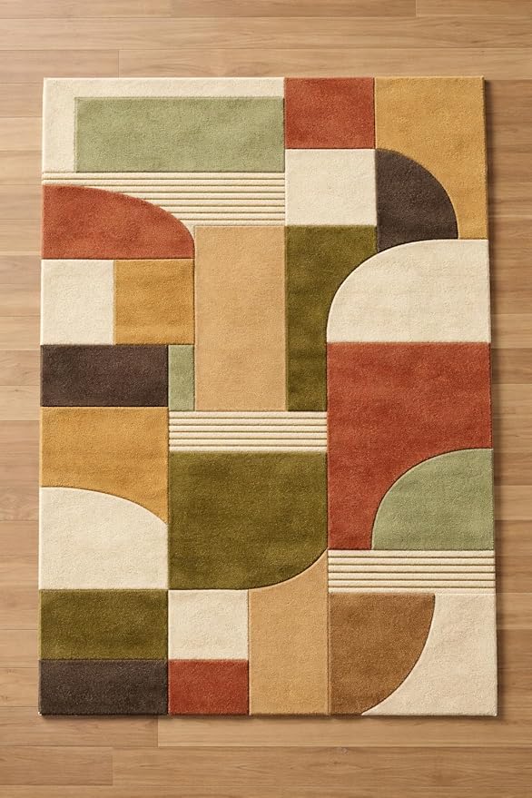 Hand Tufted Wool Geometric Rug – Mid Century Modern Terracotta Olive Cream Area Rug 8x10
