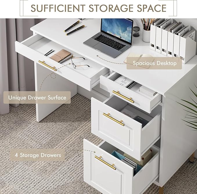 4 EVER WINNER White Desk with Drawers and Golden Handle, 43 Inch Small Desk with 4 Storage Drawers, Computer Desk with Storage Shelves for Home Office, White and Gold