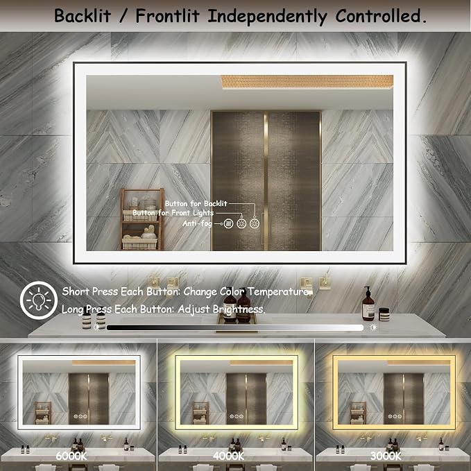 60x40 Framed LED Bathroom Mirror, Large Dimmable Vanity Mirror with Lights, Anti-Fog, Shatterproof, Memory (Backlit and Front Lighted)