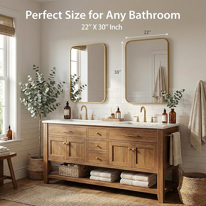 2-Pack 22x30 Inch Antique Gold Bathroom Vanity Mirrors | Flush Mount Deep Set Metal Wall Mirror for Over Sink | HD Shatterproof Glass, Rustproof