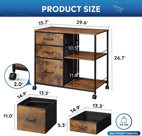DEVAISE 3 Drawer Mobile File Cabinet - Rolling Printer Stand with Open Storage Shelf | Rustic Brown Wood Grain, Fits A4 & Letter Size