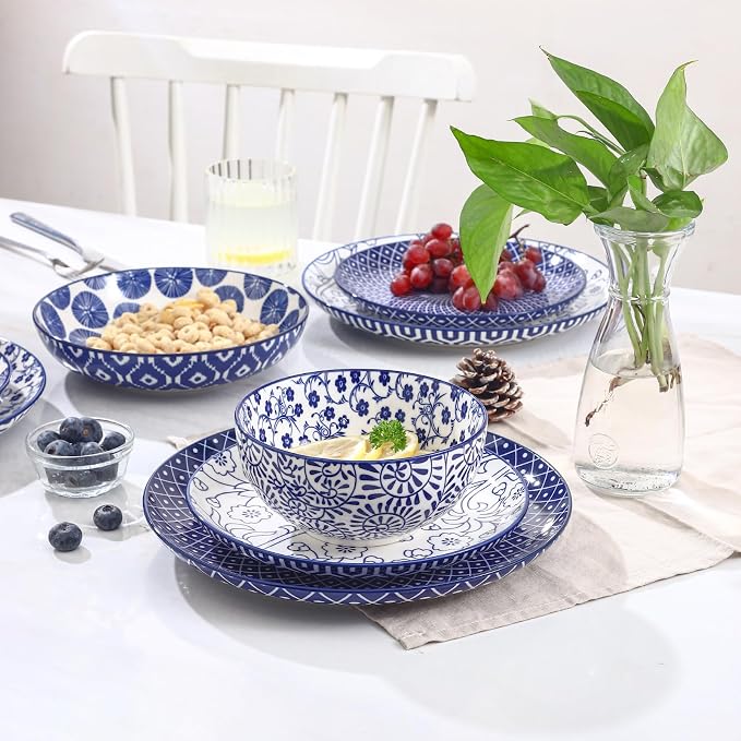 Selamica Ceramic Plates and Bowls Sets,24 Pieces Dinnerware Sets for 6,Scratch Resistant Dish Set for holiday gathering, Dishwasher & Microwave Safe, Vintage Blue