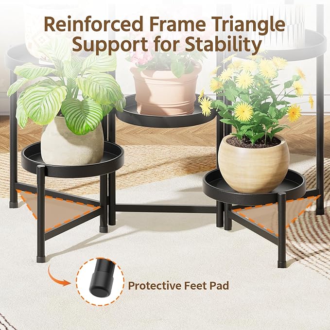 LASZOLA 7 Tier Large Plant Stand Indoor Tall with 10 Inch Metal Tray, Corner Folding Flower Display Rack, Modern Plant Holder Shelf for Outdoor Patio Porch Garden Office Living Room, Black