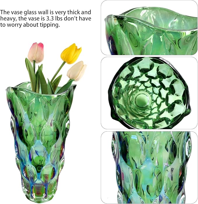 9.5" High Thickened Green Glass Flower Vase for Home Decor, Dining Wedding Table Office Holiday Party Centerpiece Decoration