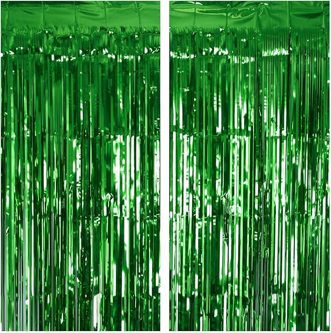 2 Pack Green Tinsel Curtain Party Backdrop, 3.2Ft x 8.2Ft Metallic Tinsel Foil Fringe Curtains Photo Booth Props Background for Christmas St Patrick’s Day Safari Tropical Bachelorette Decorations
