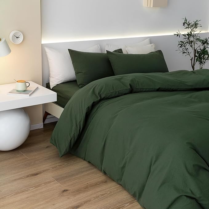 JIYUAN 100% Washed Cotton Duvet Cover Set 3 PCS Super King Plus, 1 Duvet Cover 120x120 Inches(Comforter Not Included) and 2 Pillowcases,Linen Feel Bedding Set Comfy and Breathable,Forest Green