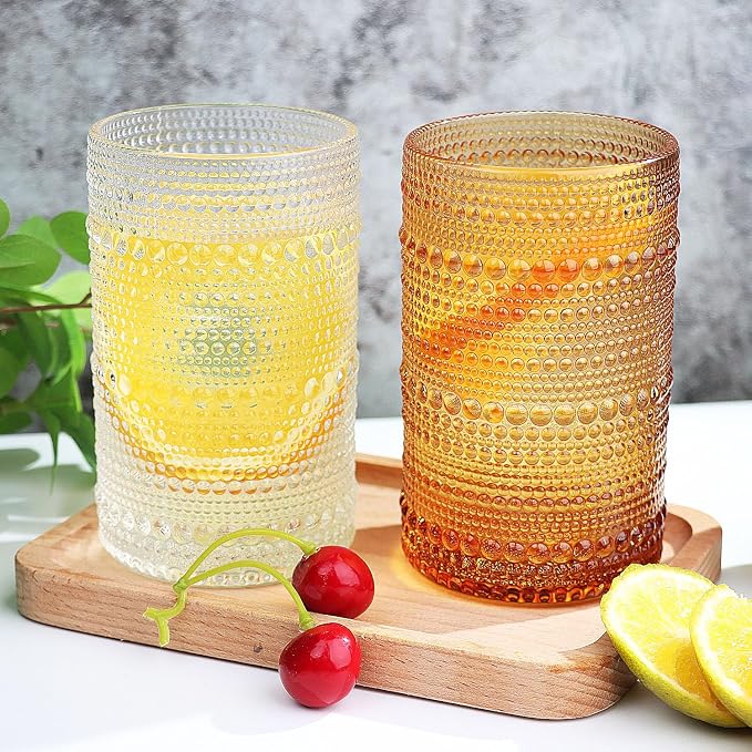 Hobnail-Drinking Glasses 13oz Vintage Glassware Sets Cocktail Juice Glasses Set of 6, Amber
