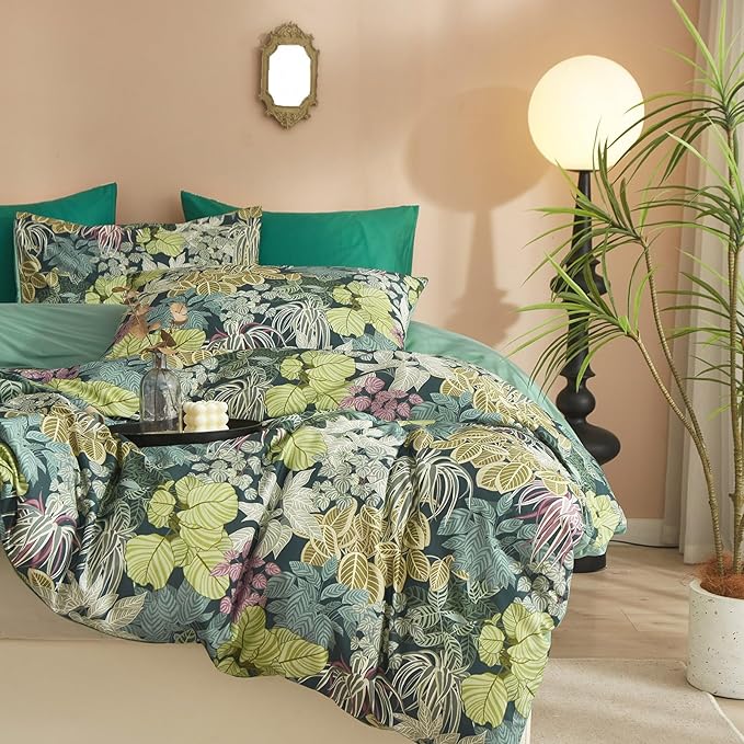 mixinni 100% Cotton Tropical Botanical Green Leaves Duvet Cover Queen Tree Plant Print Leaf Duvet Cover 3Pcs Bedding Set 1 Duvet Cover with Zipper Ties 2 Pillowcases Perfect for Him and Her Easy Care