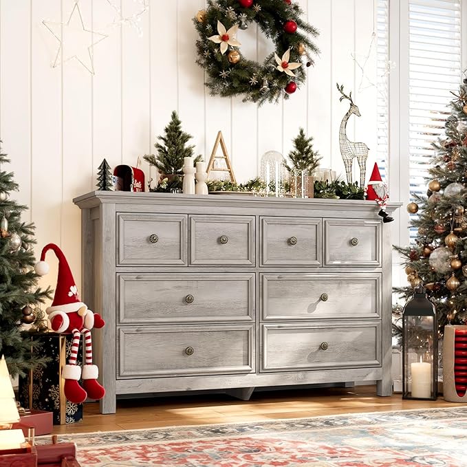 LGHM Dressers for Bedroom with 8 Drawers,54" Long Dresser Wood Legs, Modern Farmhouse Wood Chest of Drawers, Wide Dresser with Deep Drawers, Light Gray