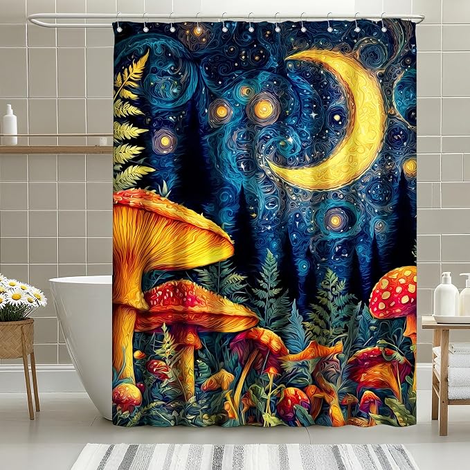 Mushroom Shower Curtain Moon Aesthetic Shower Curtains for Bathroom Waterproof Fabric Bath Curtain Decor with Hooks