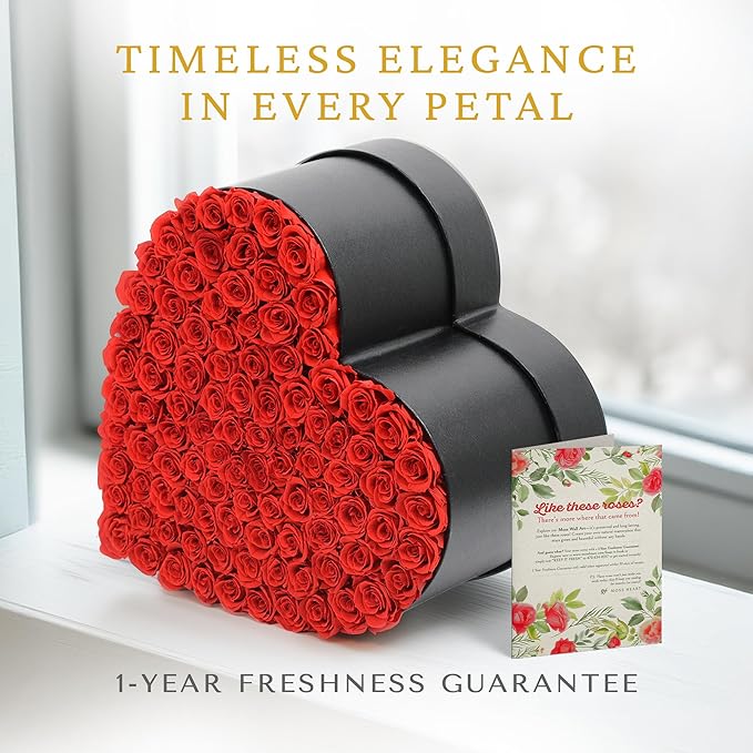 100 Preserved Roses, Forever Flowers for Delivery in Designer Heart-Shaped Box, Petite Long-Lasting Buds for Women, Eternal Rose Bouquet for Mothers Day, Girlfriend's Birthday