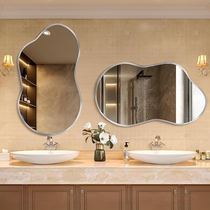Dorlicecass Irregular Wall Mirror - Wall Mirrors Decorative 24"x36" Silver Asymmetrical Mirror Tempered Glass Aviation Aluminum Alloy Frame for Bathroom, Bedroom, Living Room, Cloakroom, Entryway