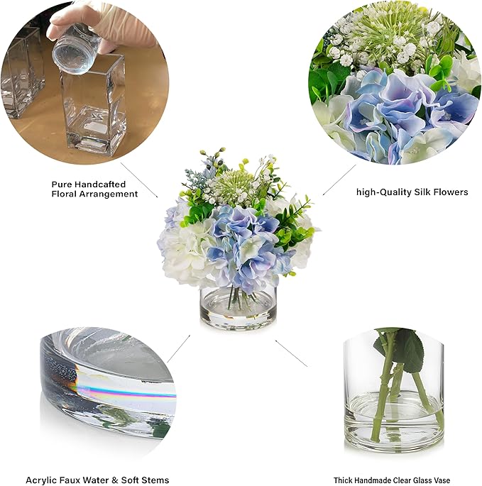 ENOVA FLORAL Artificial Hydrangea Flowers in Vase, Mixed White and Blue Silk Hydrangea in Vase with Faux Water for Dining Table Centerpieces, Home Decor Indoor (FL-159-BlueCream)