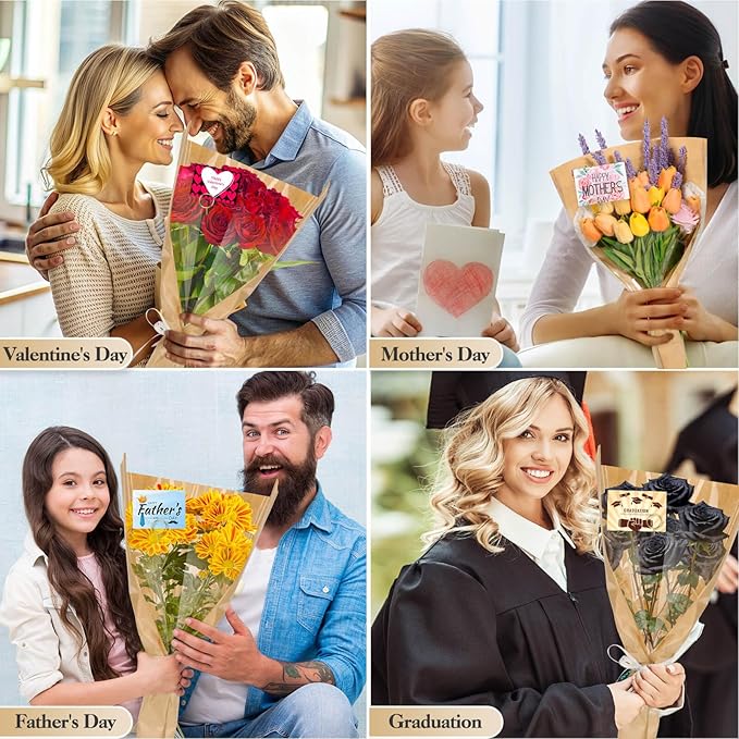 cridoz 50 PCS Flower Wrapping Paper Sleeves for Bouquets with 50 PCS Floral Card Holder Picks and Ribbons, Kraft Bouquet Bags for Flower Bar, Mother's Day, Graduation, Valentine, 22 x 14 Inches