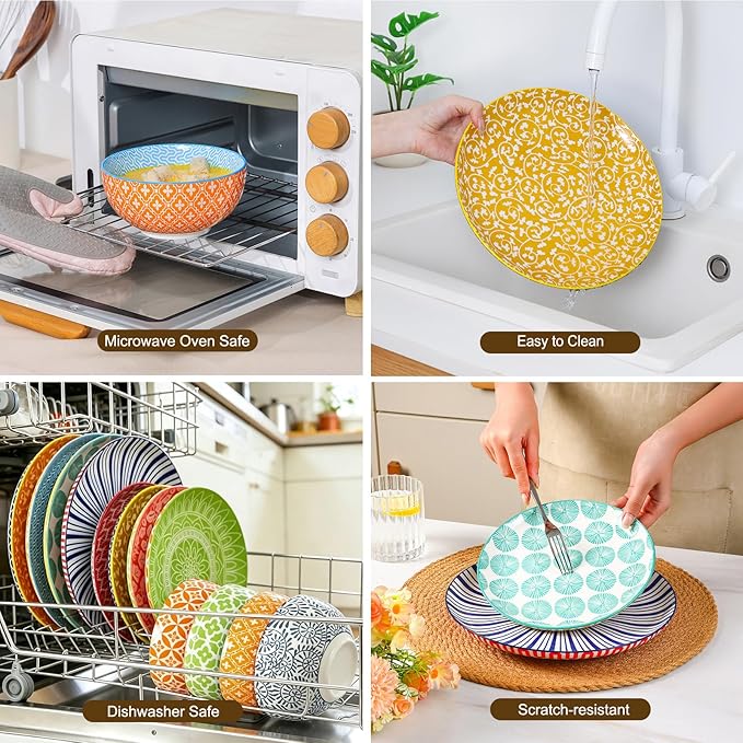 Selamica Ceramic Plates and Bowls Sets,32 Pieces Dinnerware Sets for 8,Scratch Resistant Dish Set for family gathering,Dishwasher & Microwave Safe, Assorted Colors