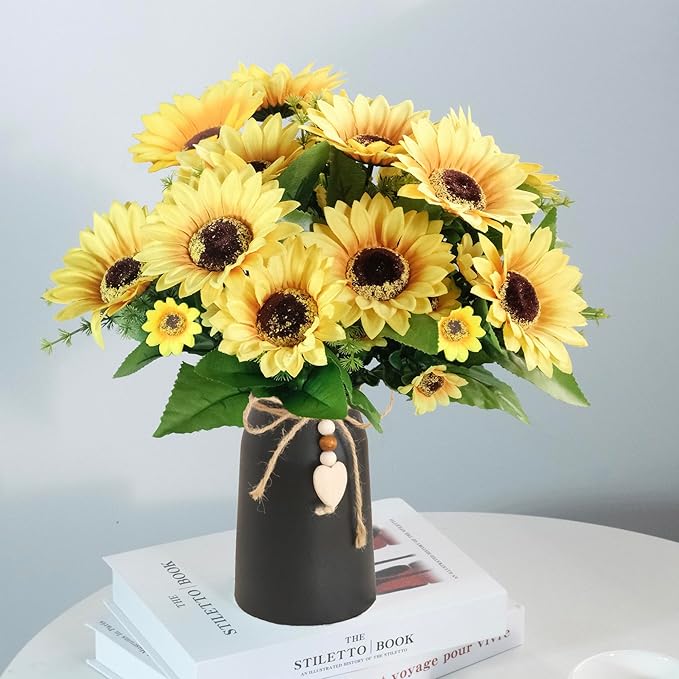 Artificial Sunflower Arrangement in Black Vase - 3 Bunches of Lifelike Sunflowers with Rustic Black Vase for Home Décor, Office, and Special Occasions