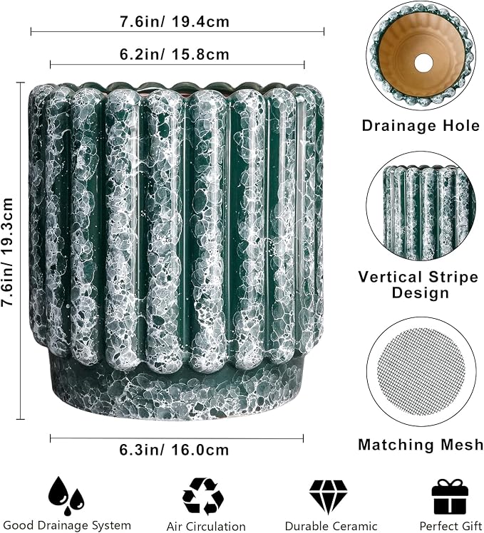 Ceramicfor Ceramic Flower Pots 7.6 Inch - Ceramic Planters for Indoor Outdoor Plants, Decorative Plant Pot with Drainage Hole, Round Fluted Planter, Home Room Decor, Housewarming Gifts, Green