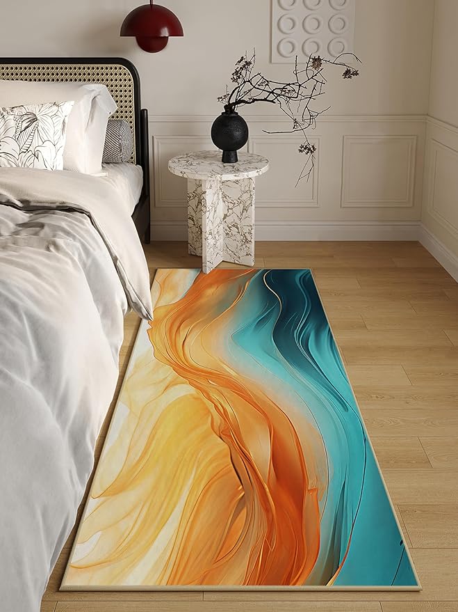 Orange Teal Kitchen Runner Rug 2'x6' Turquoise Orange Marble Non Slip Washable Decorative Rug Runner Carpet for Hallways Bedroom Bathroom Laundry