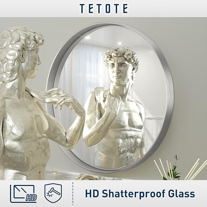 TETOTE Silver Round Mirror for Bathroom, 30 Inch Modern Circle Mirrors, Wall Mounted Brushed Silver Metal Framed Entryway Decorative Farmhouse Vanity Mirror