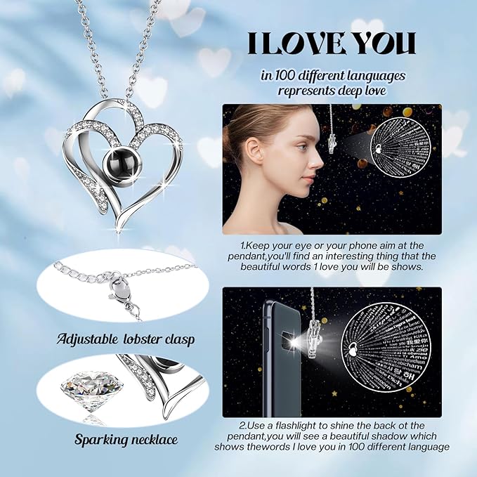 Christmas Birthday Gifts for Women - Preserved Real Rose with I Love You Heart 100-Language Necklace, LED Lights & Music Gift Box, Christmas for Women Girlfriend Mom