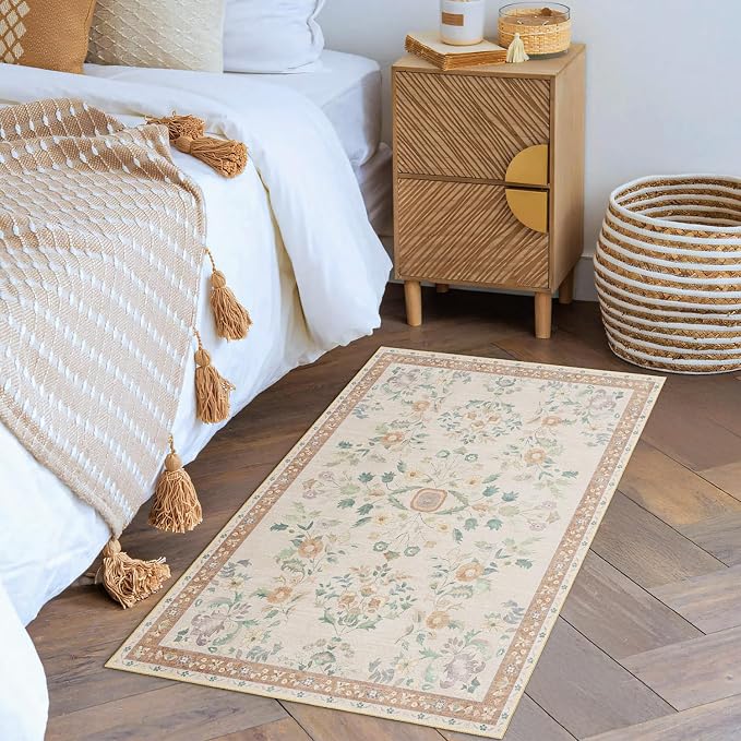 MUJOO Boho Small Rug Washable,2x3 Area Rugs for Entryway,Floral Front Door Mat Indoor Entrance Entry Way,Boho Kitchen Bathroom Floor Rug Throw Carpet Non Slip Low Pile Vintage Beige
