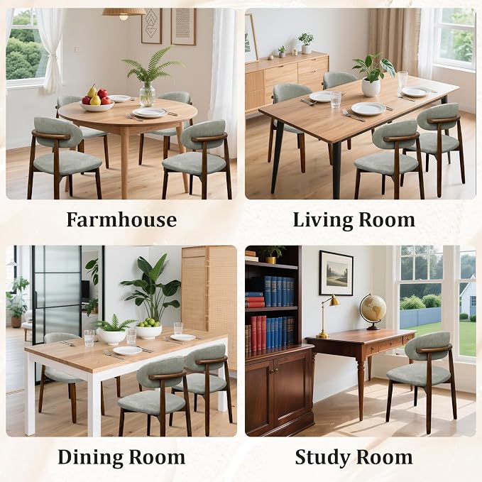 Farmhouse Dining Chairs Set of 2, Mid Century Modern Fabric Upholstered Kitchen Chairs, Wooden Dining Room Chair with Curved Back for Kitchen Dining Room Restaurant Cafe, Light Green (Only Chairs)