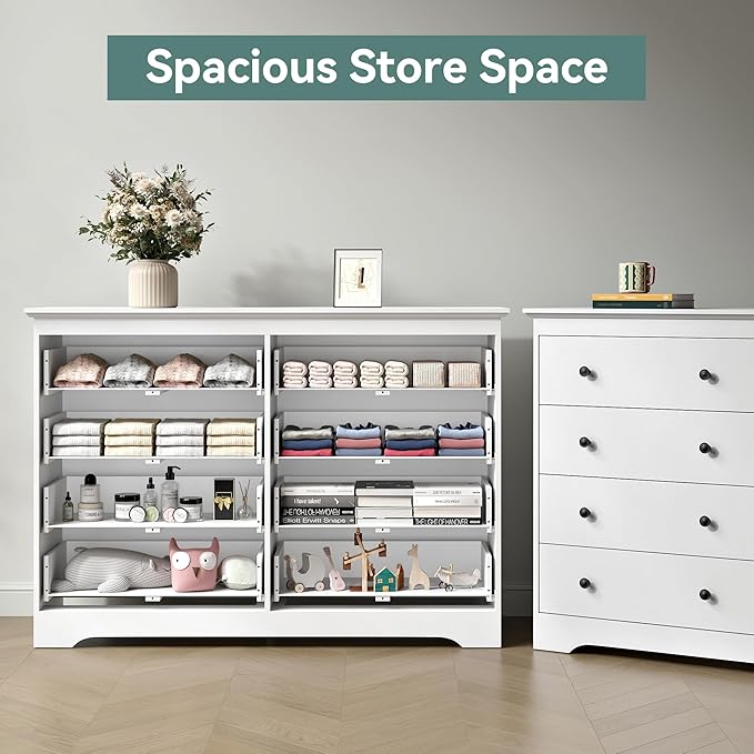 White Dresser for Bedroom，55" Wide 8 Drawers Dressers,Modern Wooden Chest for Living Room, Hallway