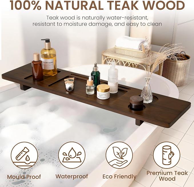Teak Bathtub Tray - Wood Bath Caddy Tray 35" for Large Tubs - Adjustable Bathtub Table Trays - Luxury Shower Organizer for Home Spa Relaxation and Reading - Dark Walnut Color